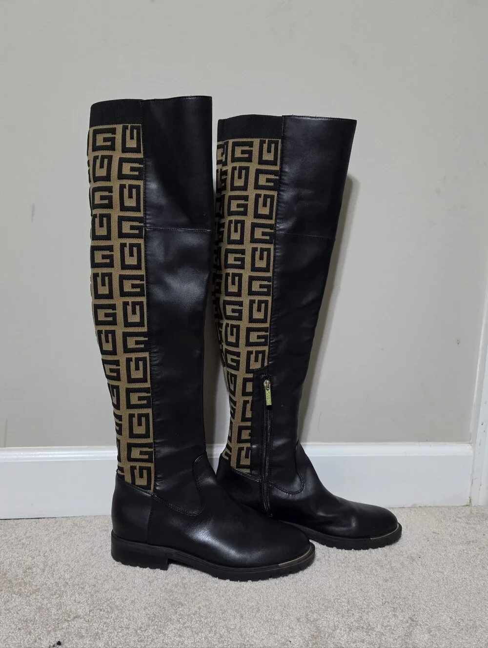 Guess Over the Knee Boots Black Tan Monogram Logo Size 9.5